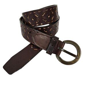 Boho Chocolate Brown Perforated Sunburst Tooled Leather Belt L